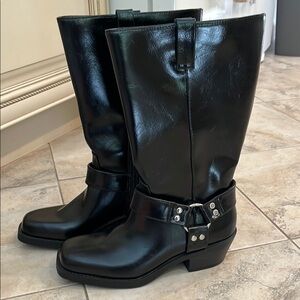 Time and Tru Black Silver Heeled Boots with Harness Detail NWOT